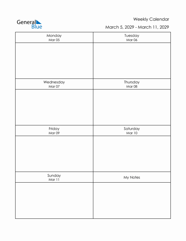 Printable Weekly Planner Template (Week 10 of 2029)
