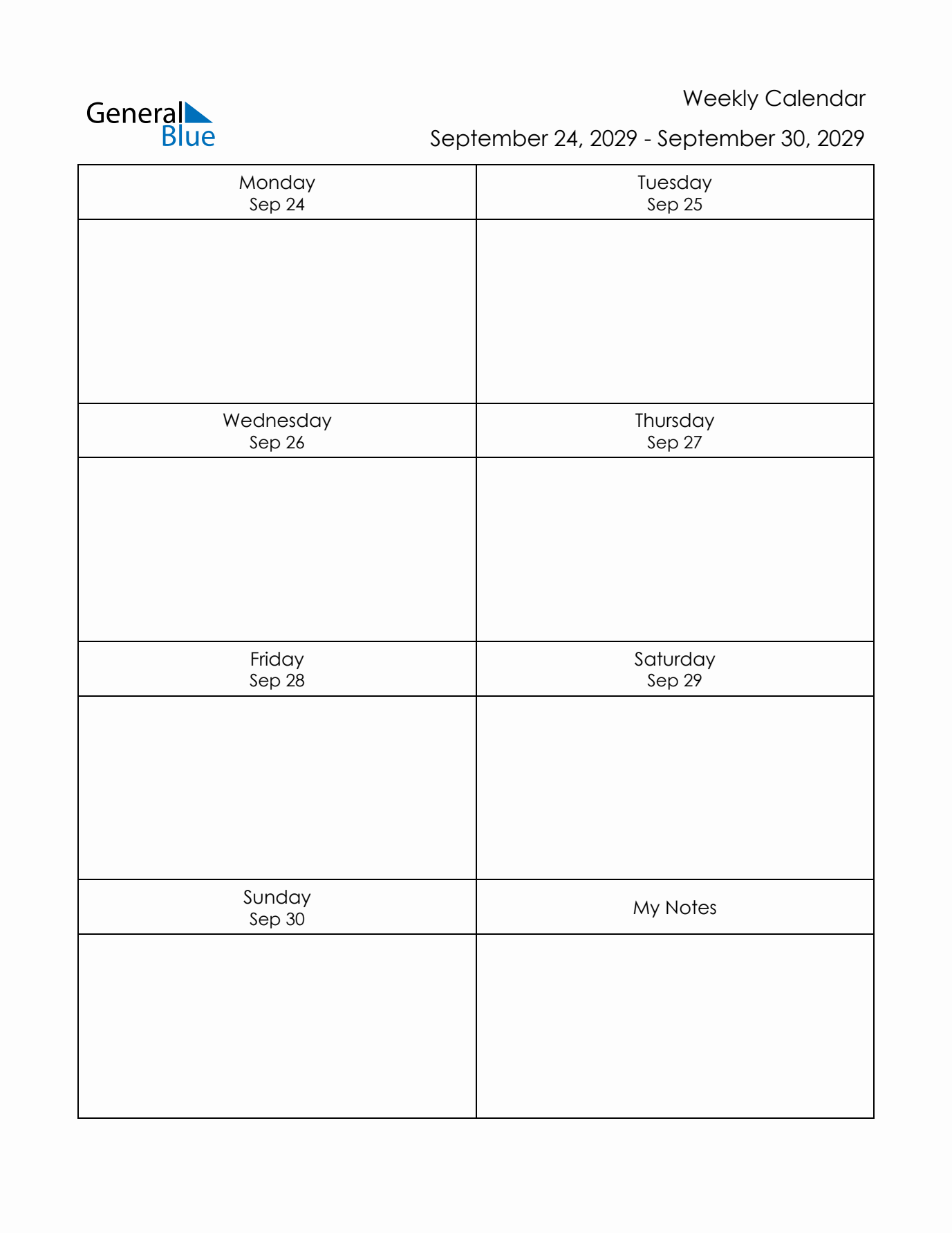 Printable Weekly Planner Template (Week 39 of 2029)