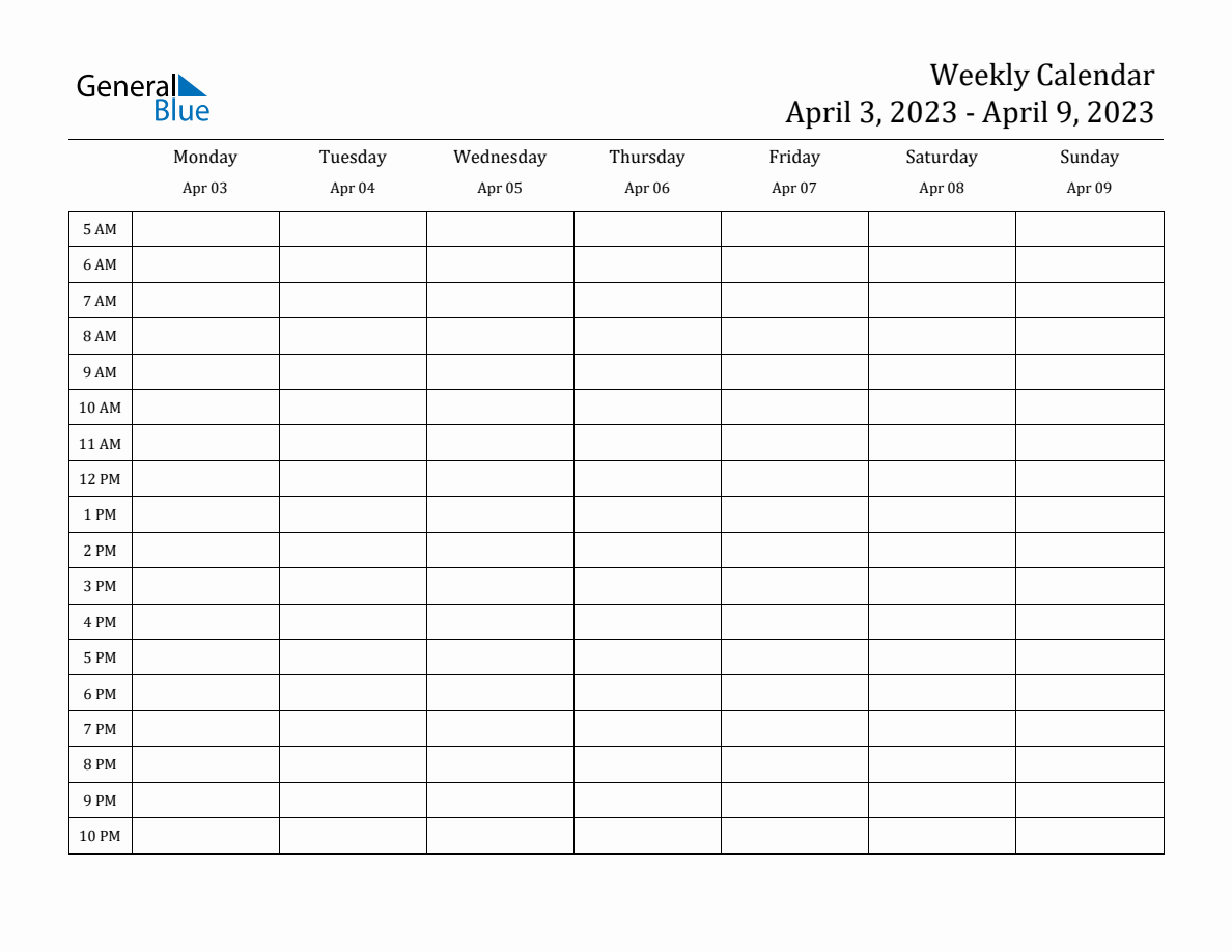 Weekly Calendar with Time Slots - Week of April 3, 2023