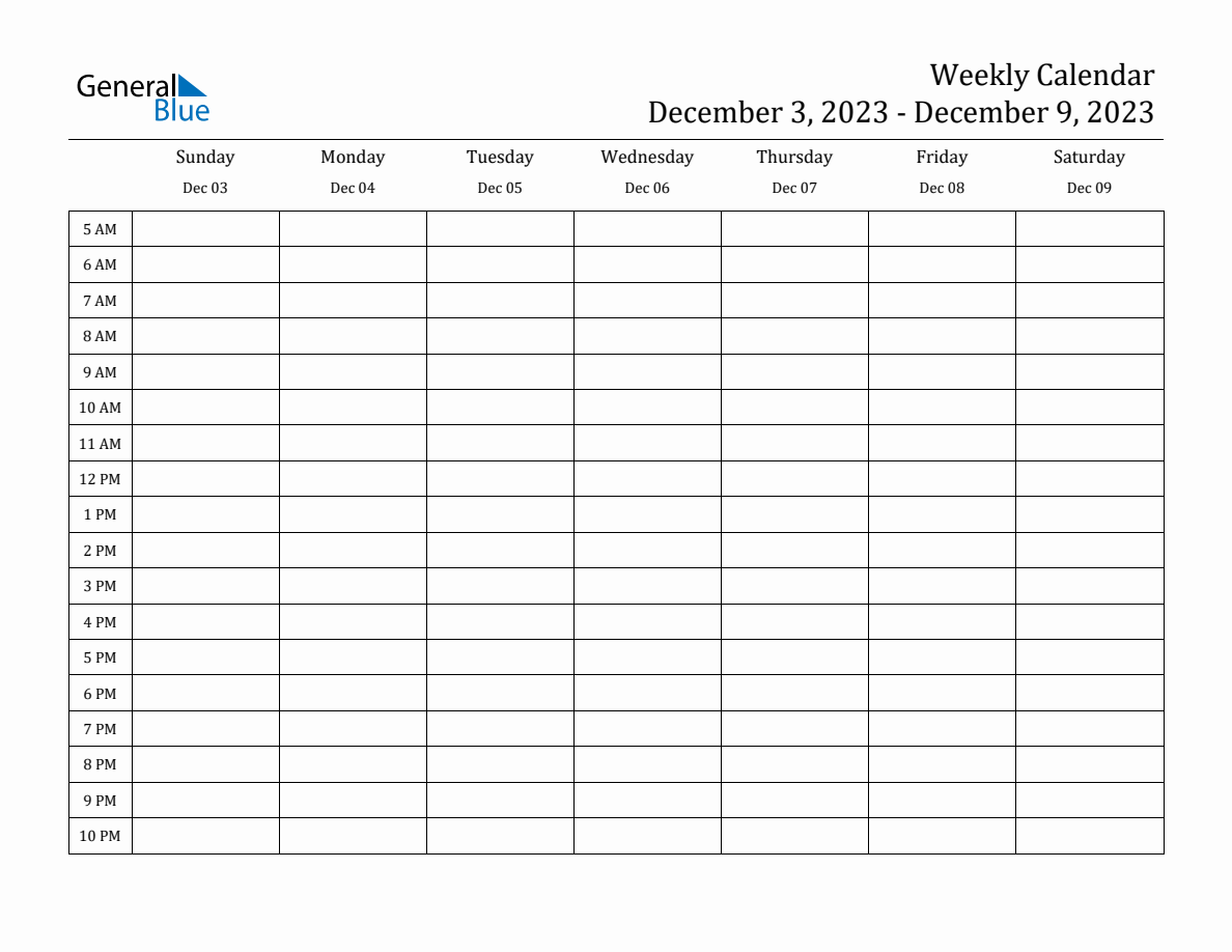 Weekly Calendar with Time Slots - Week of December 3, 2023