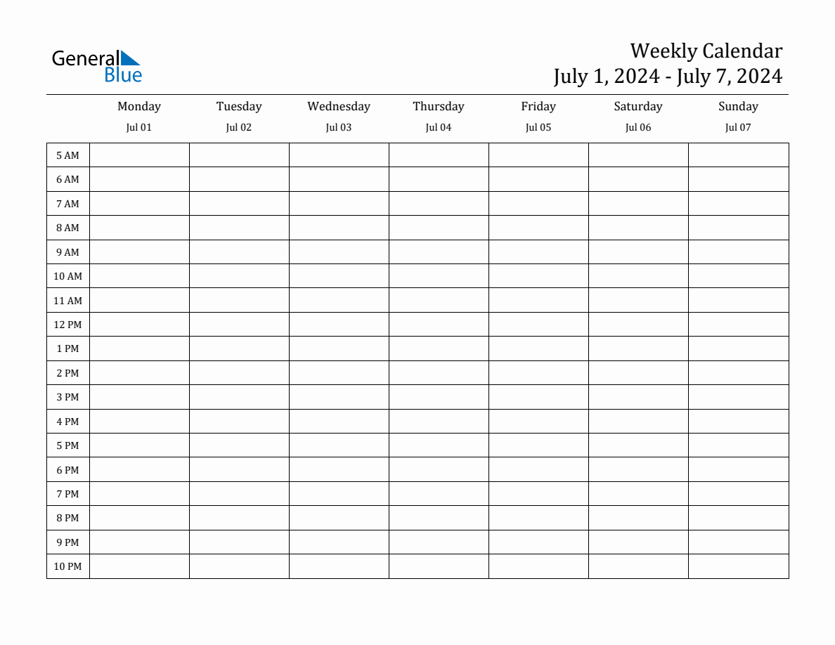 Weekly Calendar with Time Slots - Week of July 1, 2024