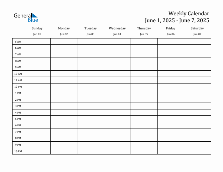 Weekly Calendar with Time Slots - Week of June 1, 2025