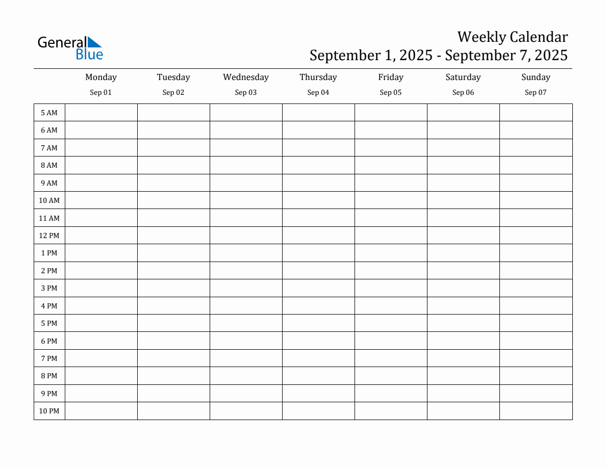 Weekly Calendar with Time Slots - Week of September 1, 2025