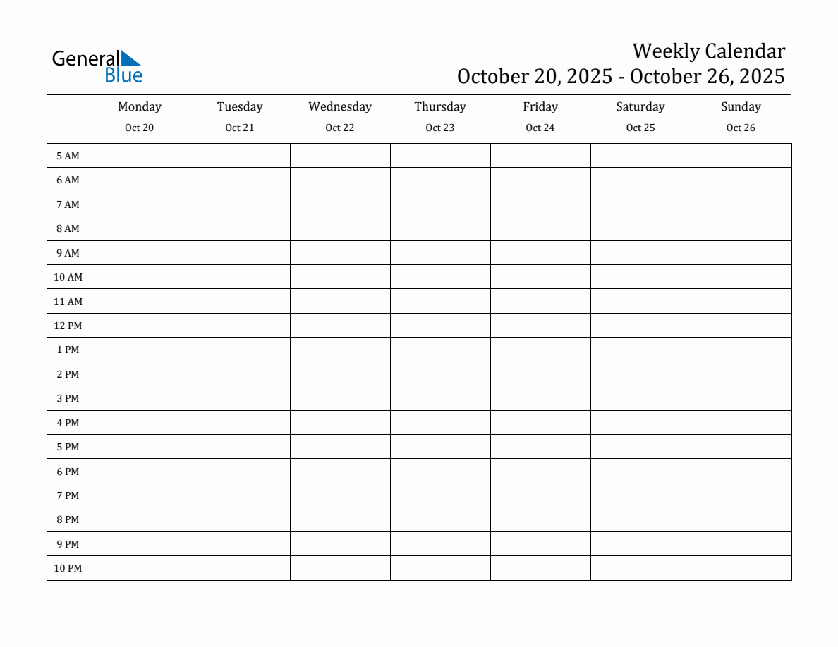 Weekly Calendar with Time Slots - Week of October 20, 2025