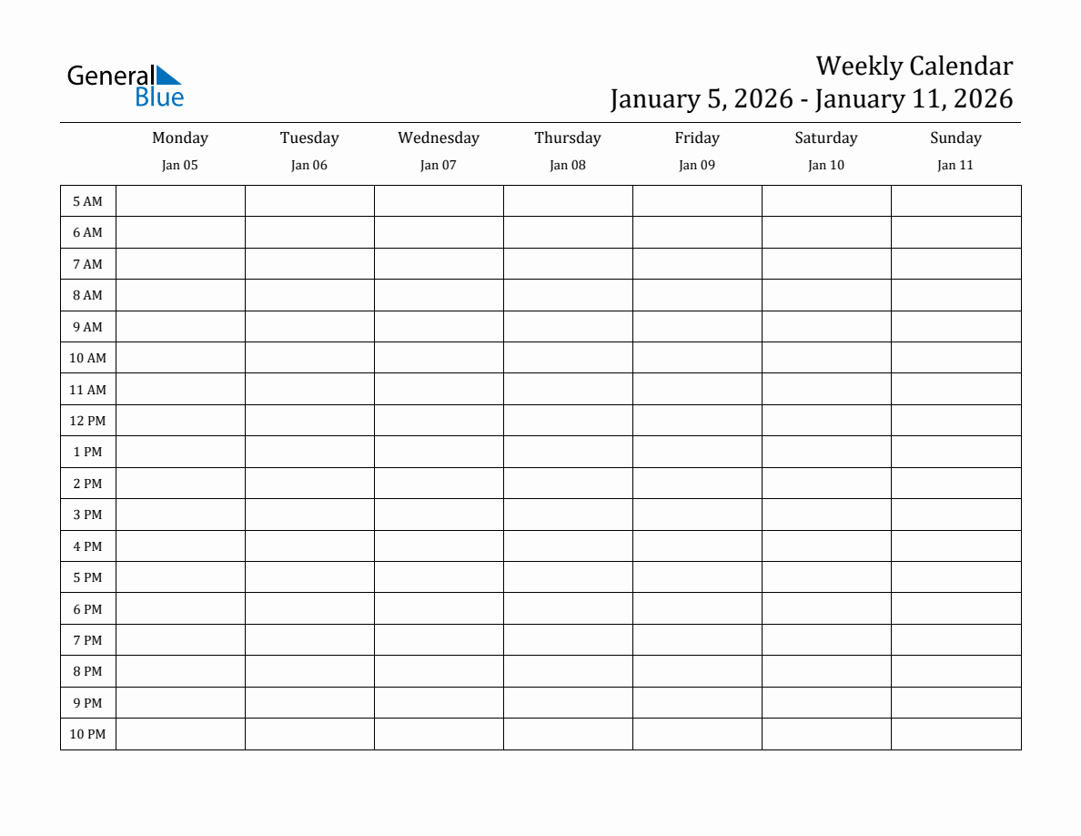 Weekly Calendar with Time Slots - Week of January 5, 2026