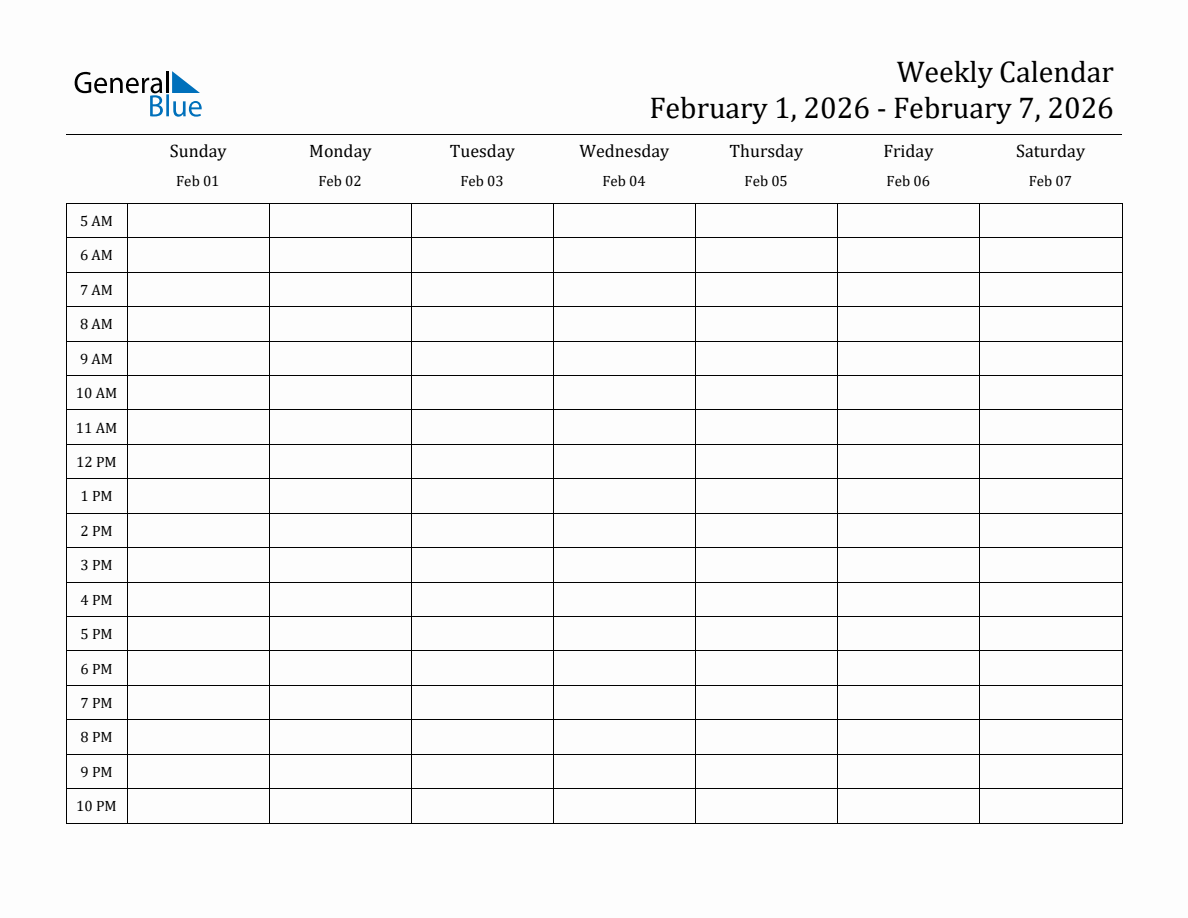 Weekly Calendar with Time Slots - Week of February 1, 2026