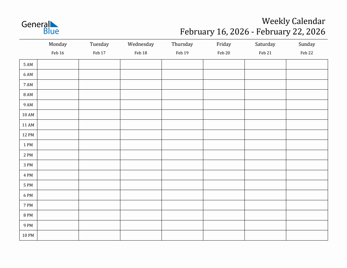 Weekly Calendar with Time Slots - Week of February 16, 2026