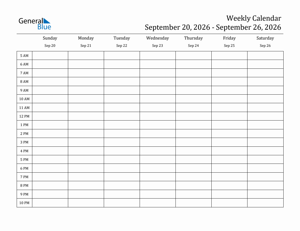 Weekly Calendar with Time Slots - Week of September 20, 2026