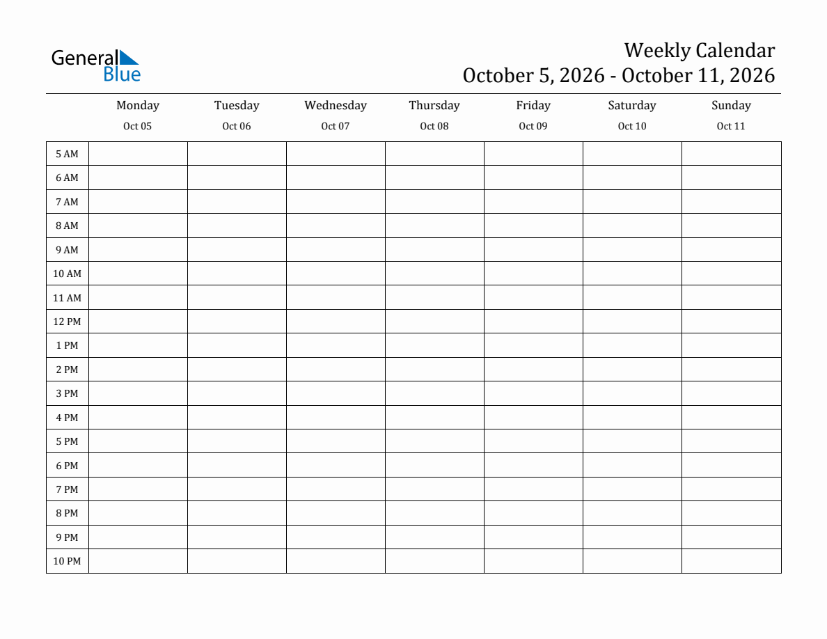Weekly Calendar with Time Slots - Week of October 5, 2026