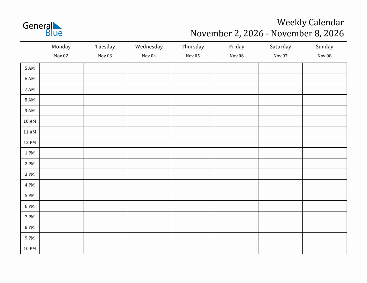 Weekly Calendar with Time Slots - Week of November 2, 2026