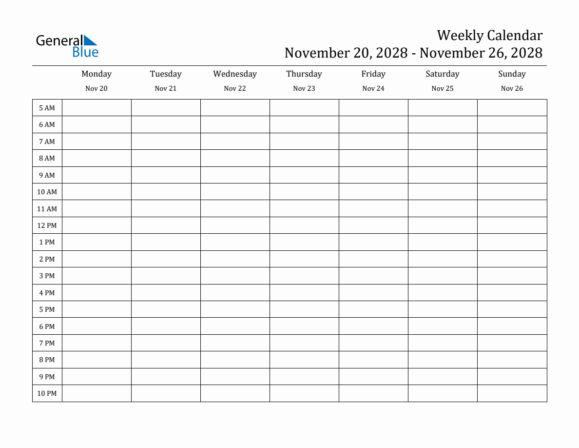 Weekly Calendar with Time Slots - Week of November 20, 2028