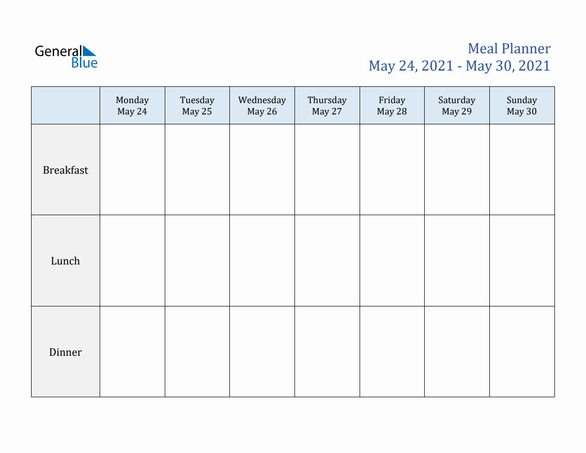 Free Weekly Meal Planner Template for Week 21 of 2021 (May 24 to May 30)