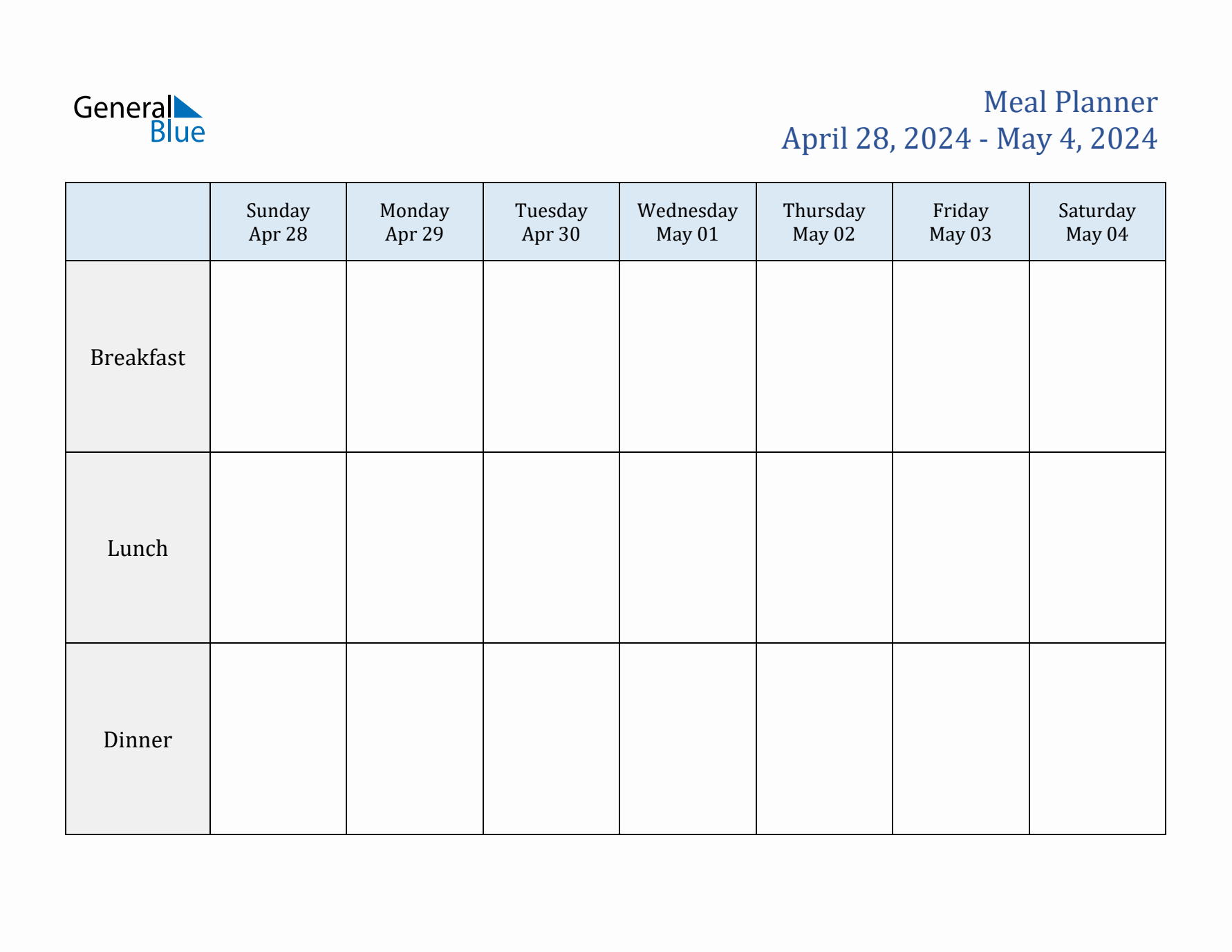 Weekly Meal Planner (Week 18 of 2024)