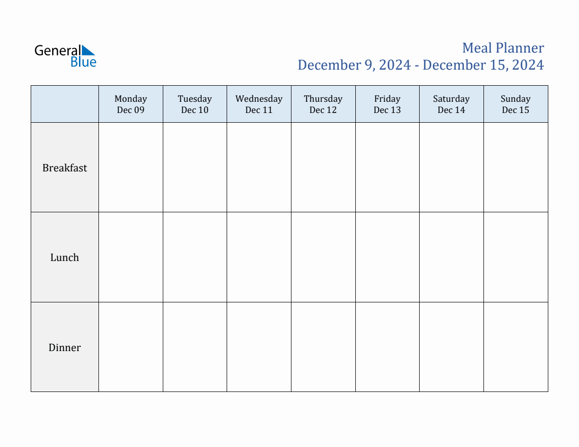 Free Weekly Meal Planner Template for Week 50 of 2024 (Dec 9 to Dec 15)