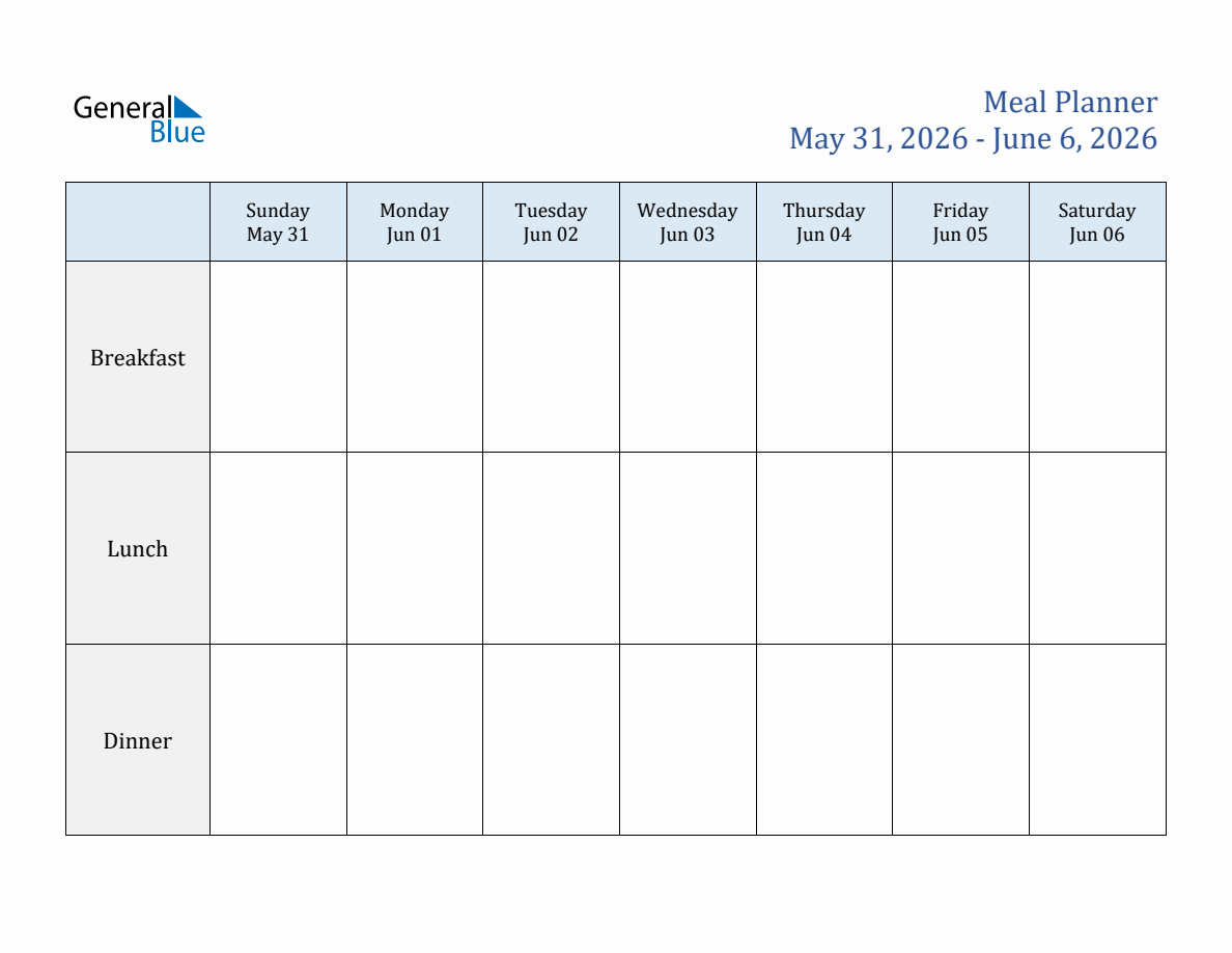 Free Weekly Meal Planner Template for Week 23 of 2026 (May 31 to Jun 6)