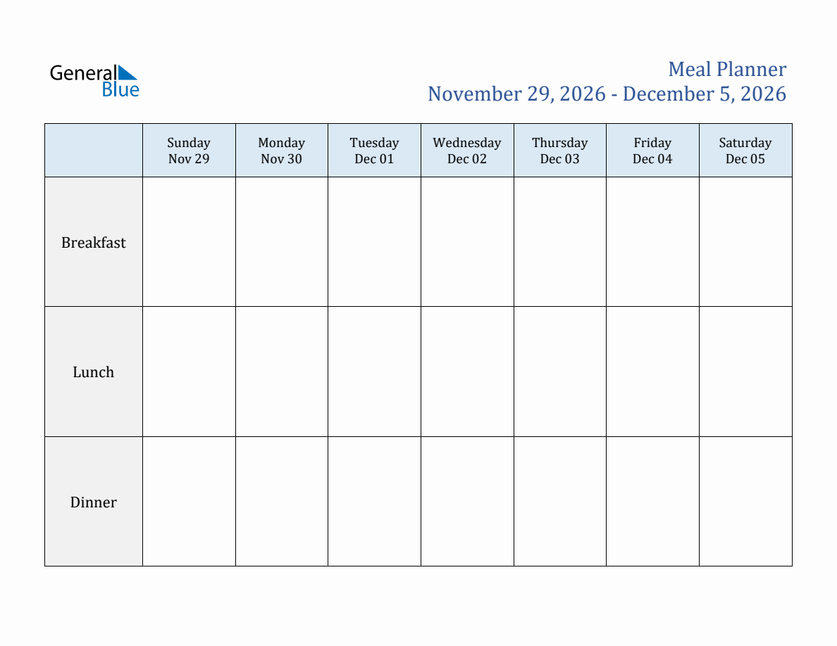 Free Weekly Meal Planner Template for Week 49 of 2026 (Nov 29 to Dec 5)