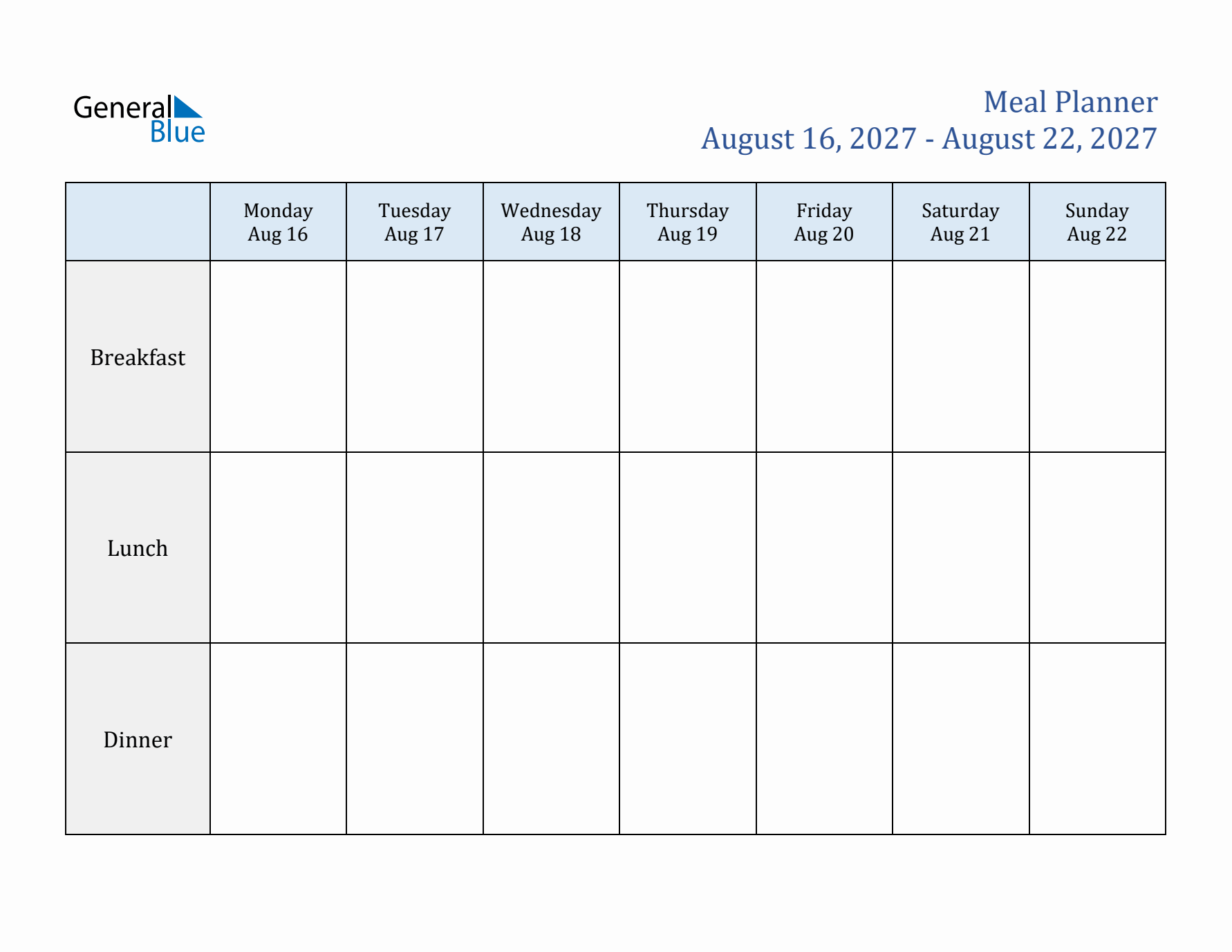 Weekly Meal Planner (Week 33 of 2027)