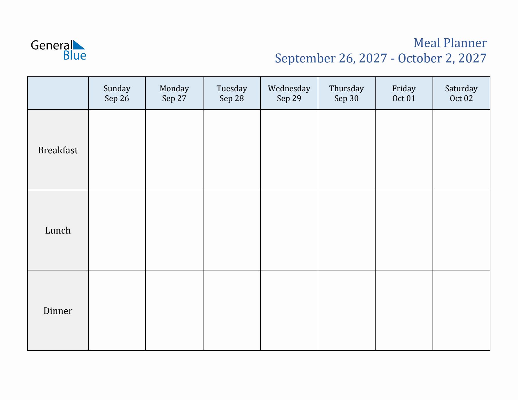 Weekly Meal Planner (Week 40 of 2027)