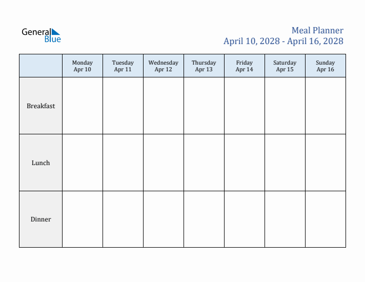 Weekly Meal Planner (Week 15 of 2028)