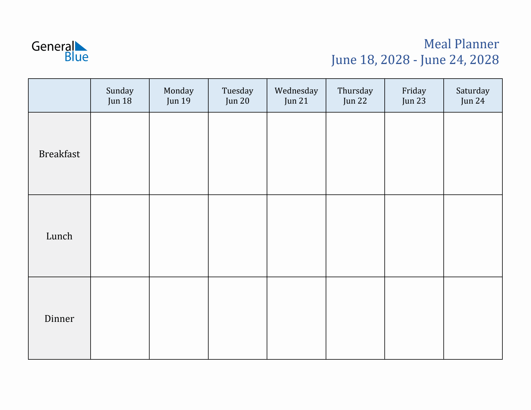 Weekly Meal Planner (Week 26 of 2028)