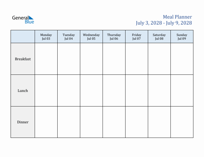Weekly Meal Planner (Week 27 of 2028)