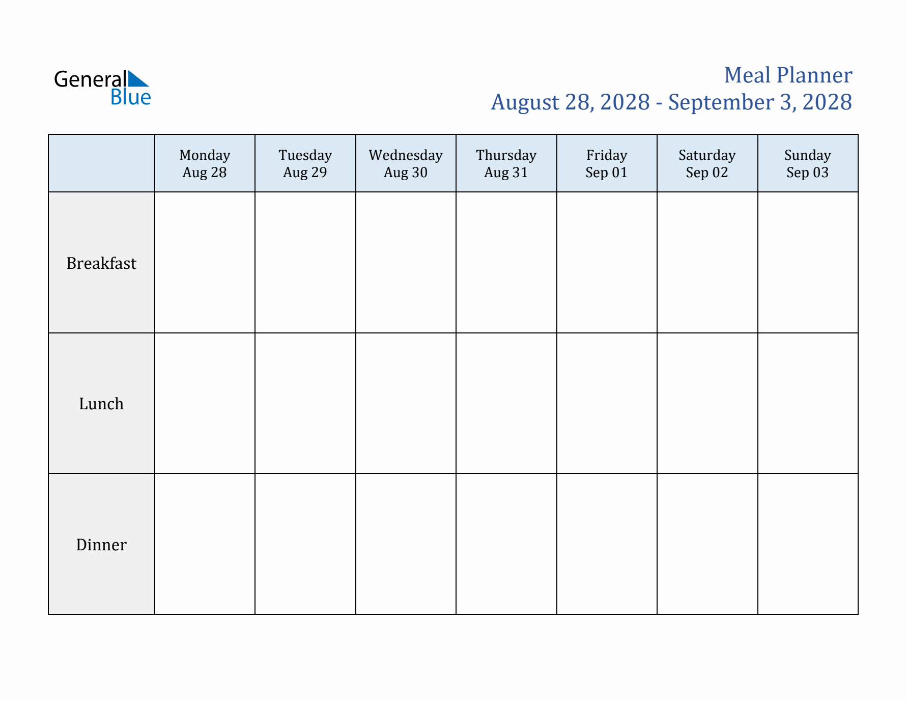 Weekly Meal Planner (Week 35 of 2028)