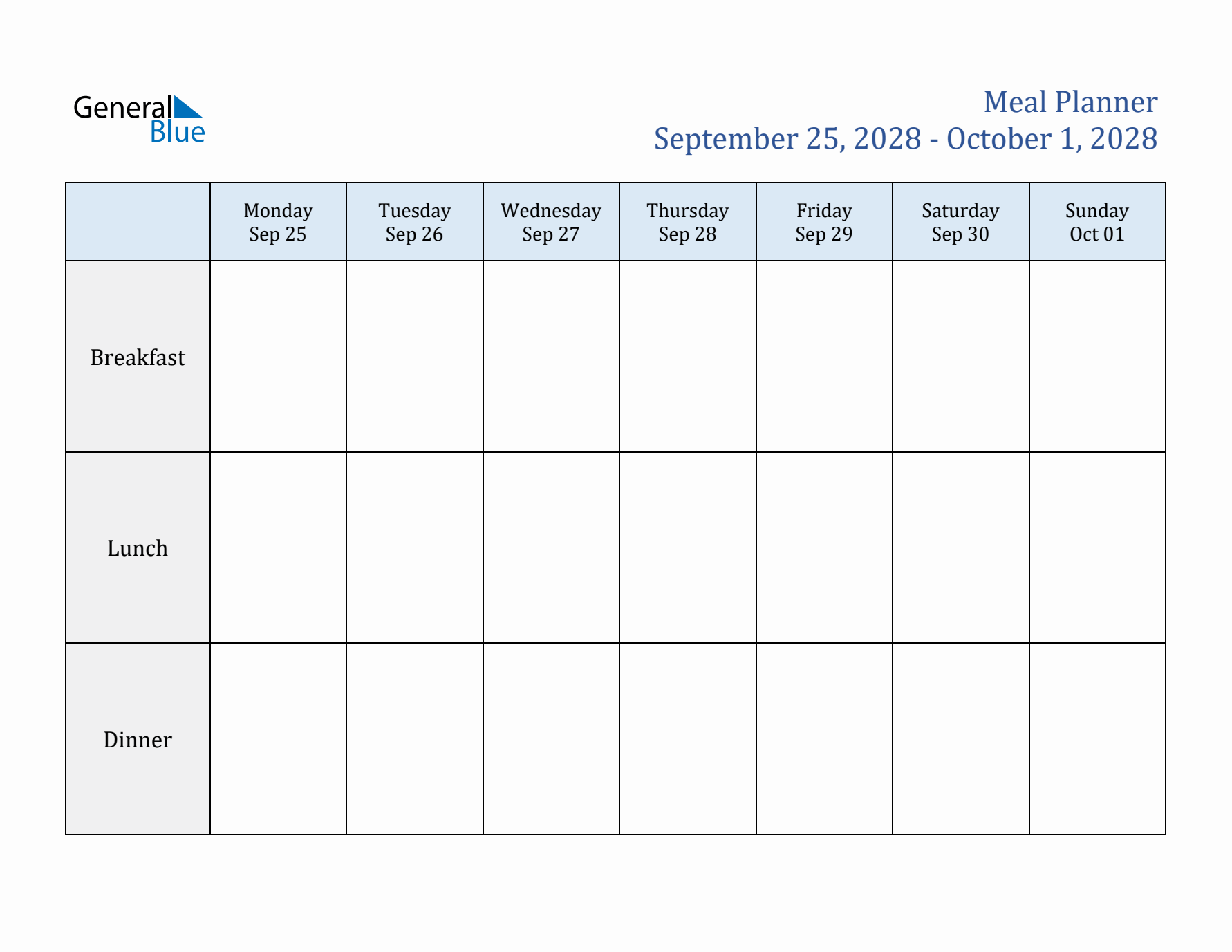 Weekly Meal Planner (Week 39 of 2028)