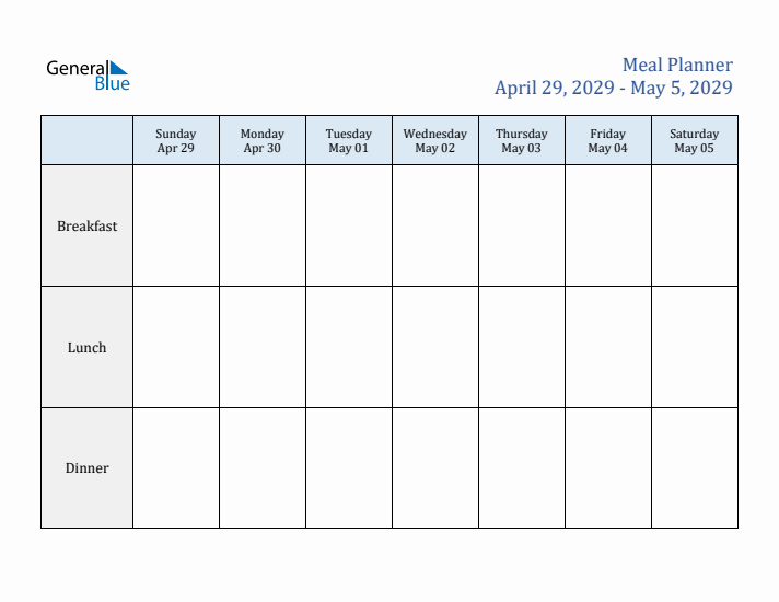 Weekly Meal Planner (Week 18 of 2029)