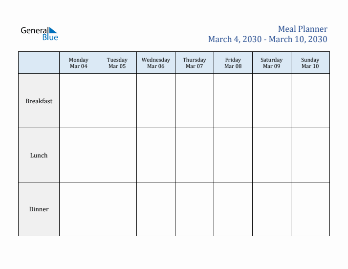 Weekly Meal Planner (Week 10 of 2030)