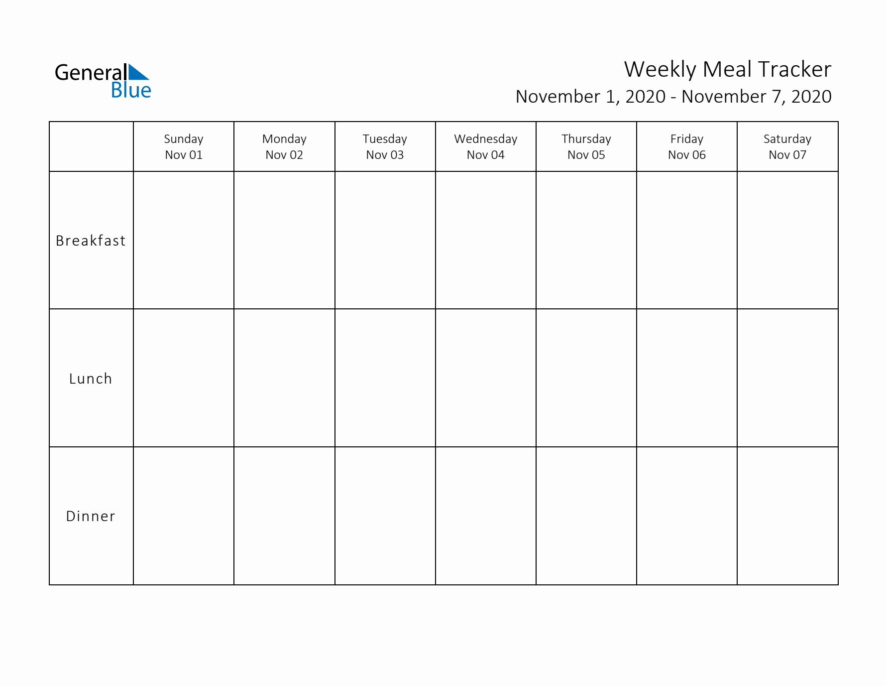 Weekly Printable Meal Tracker for November 2020