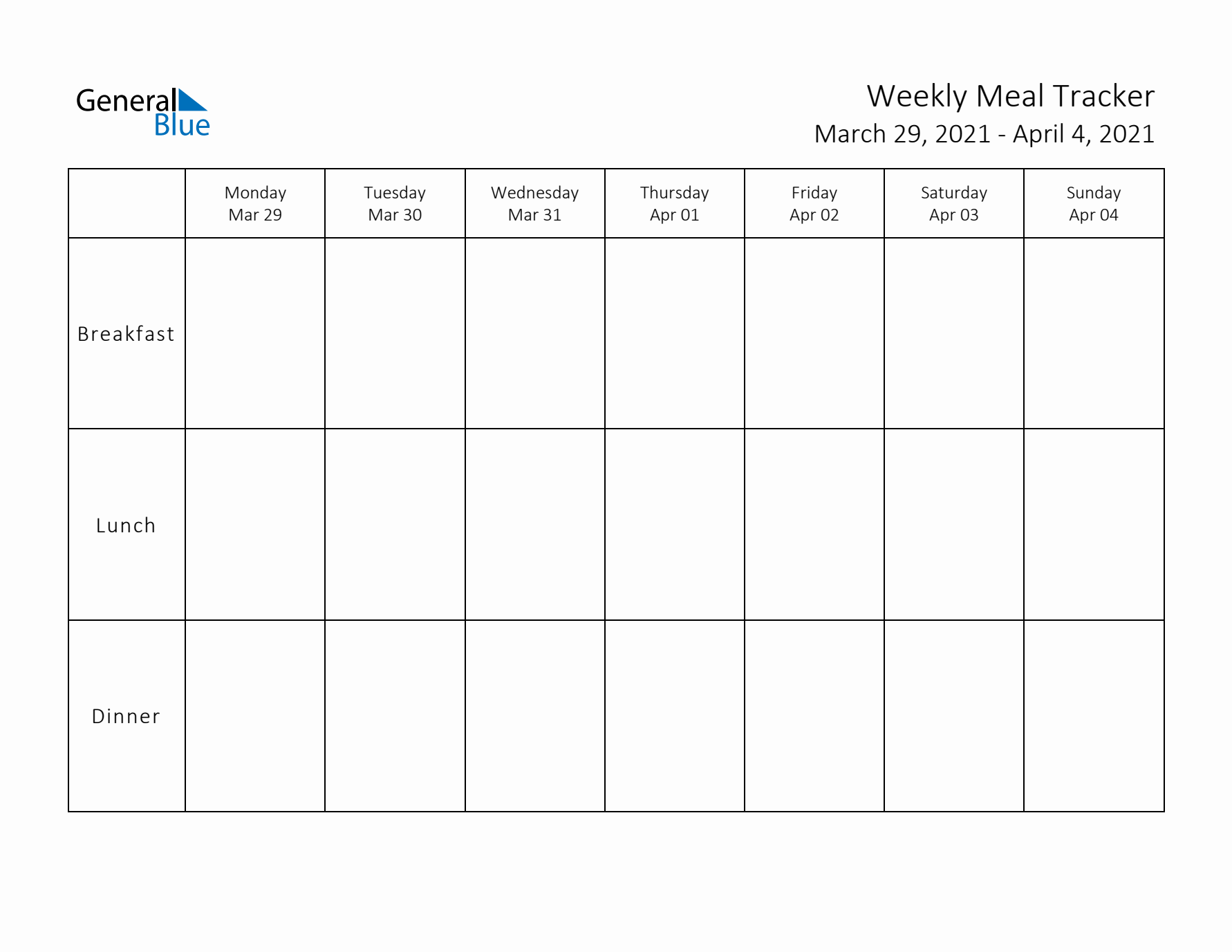 Weekly Printable Meal Tracker for March 2021