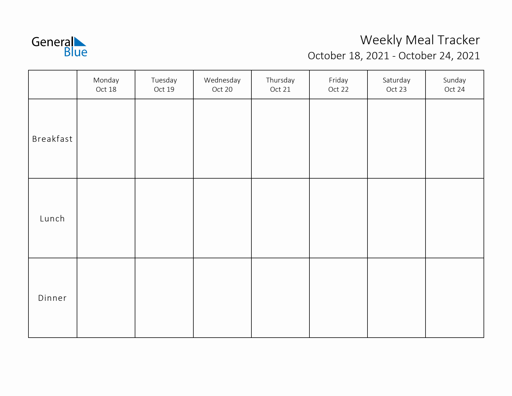 Weekly Printable Meal Tracker for October 2021