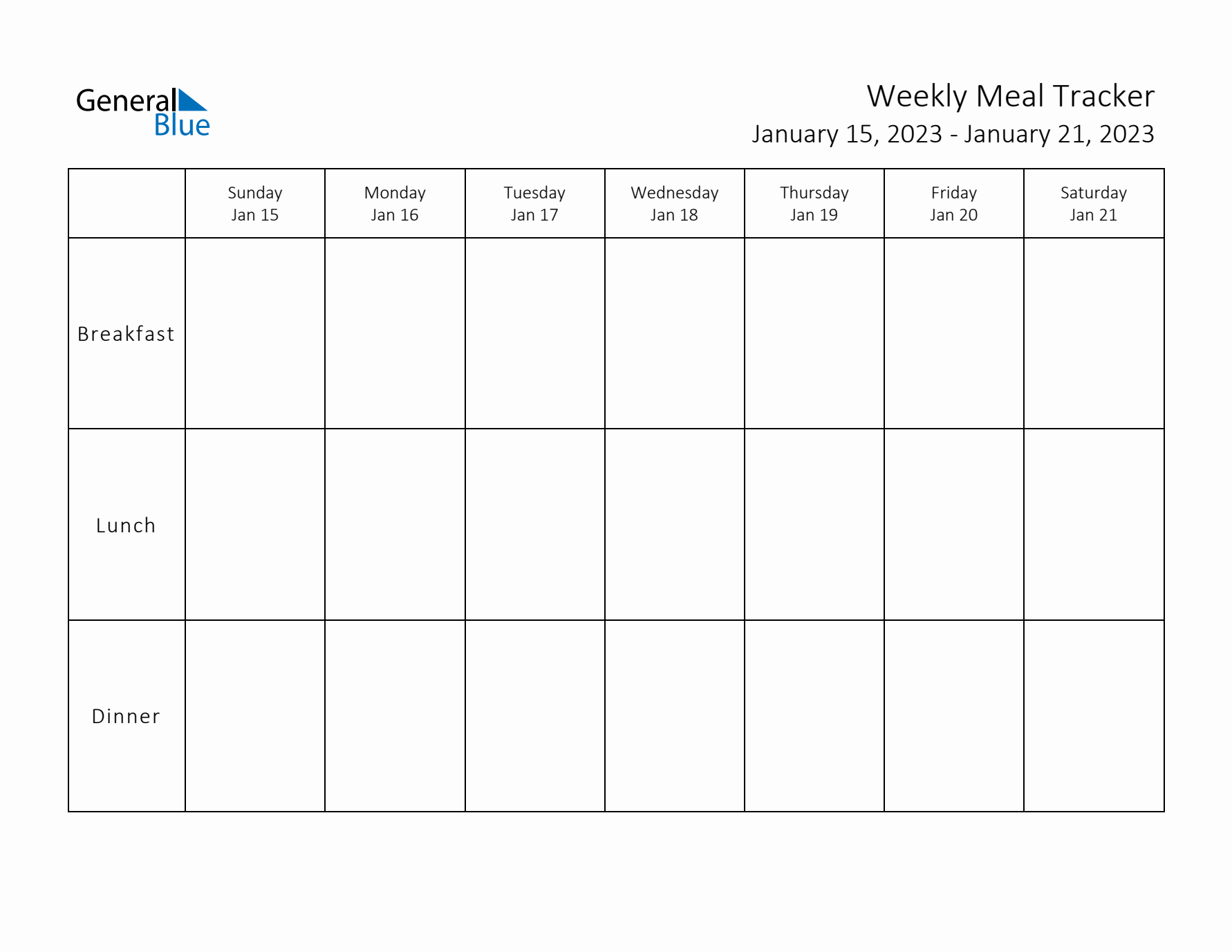 Weekly Printable Meal Tracker for January 2023