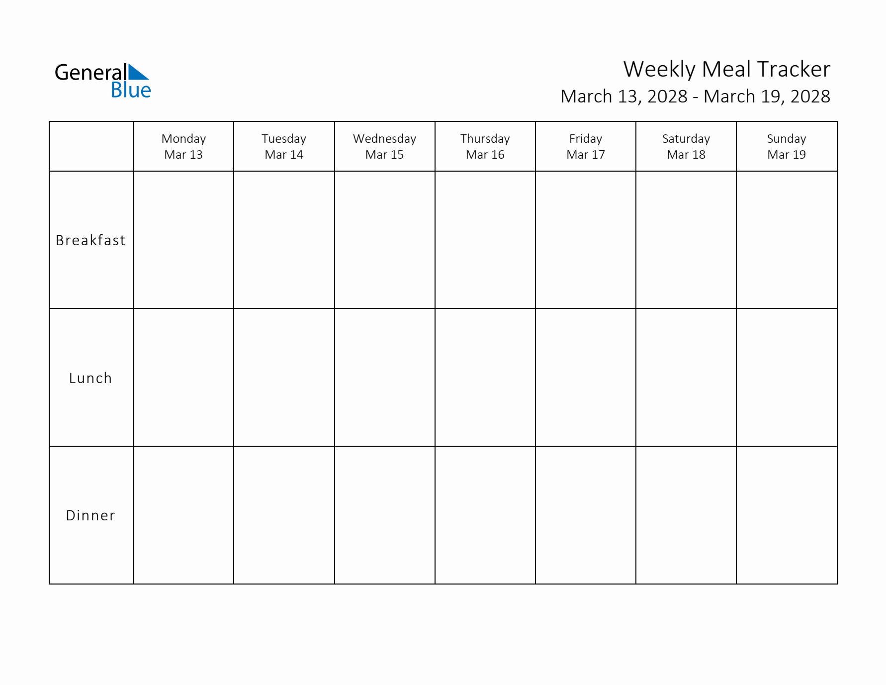 Weekly Printable Meal Tracker for March 2028