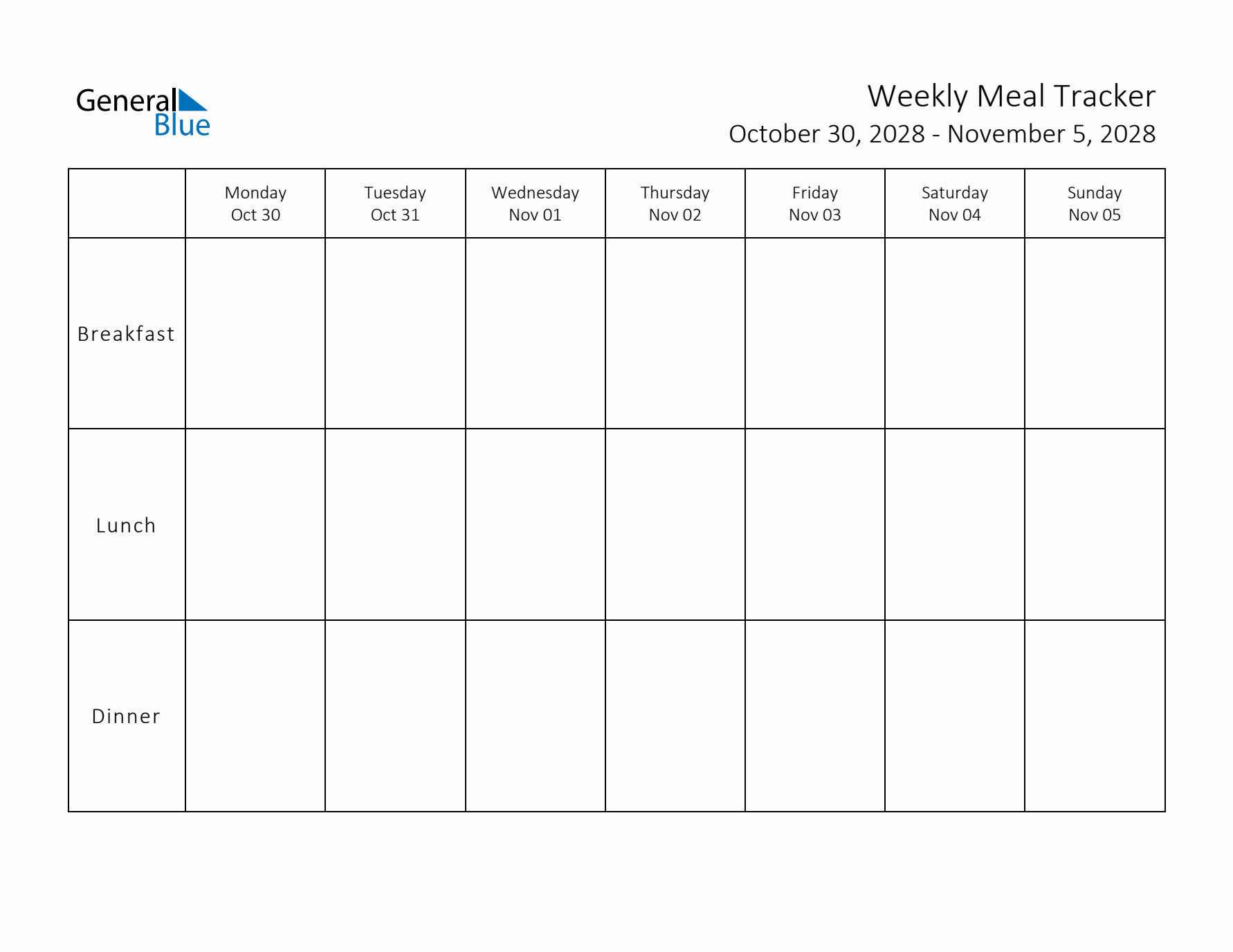 Weekly Printable Meal Tracker for October 2028