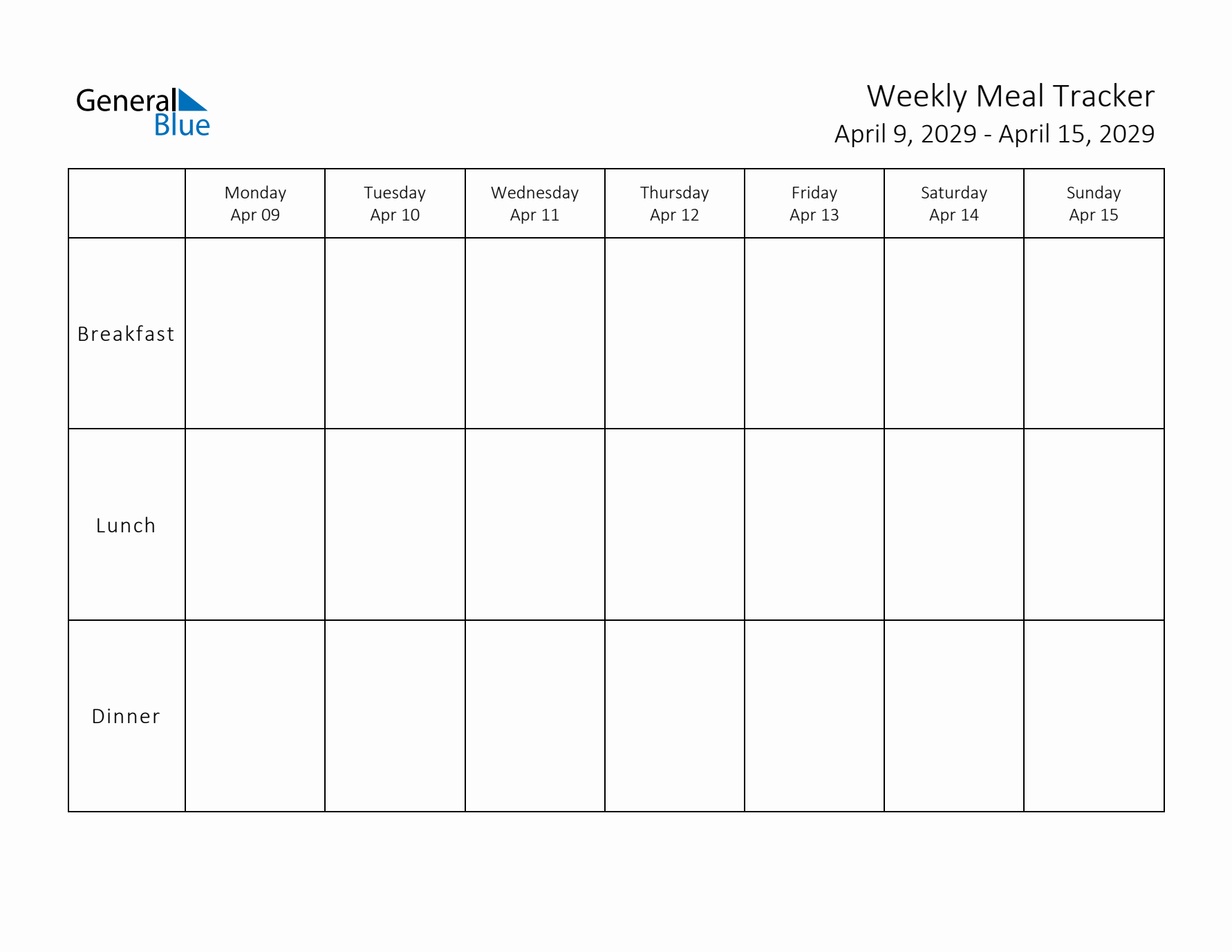 Weekly Printable Meal Tracker for April 2029