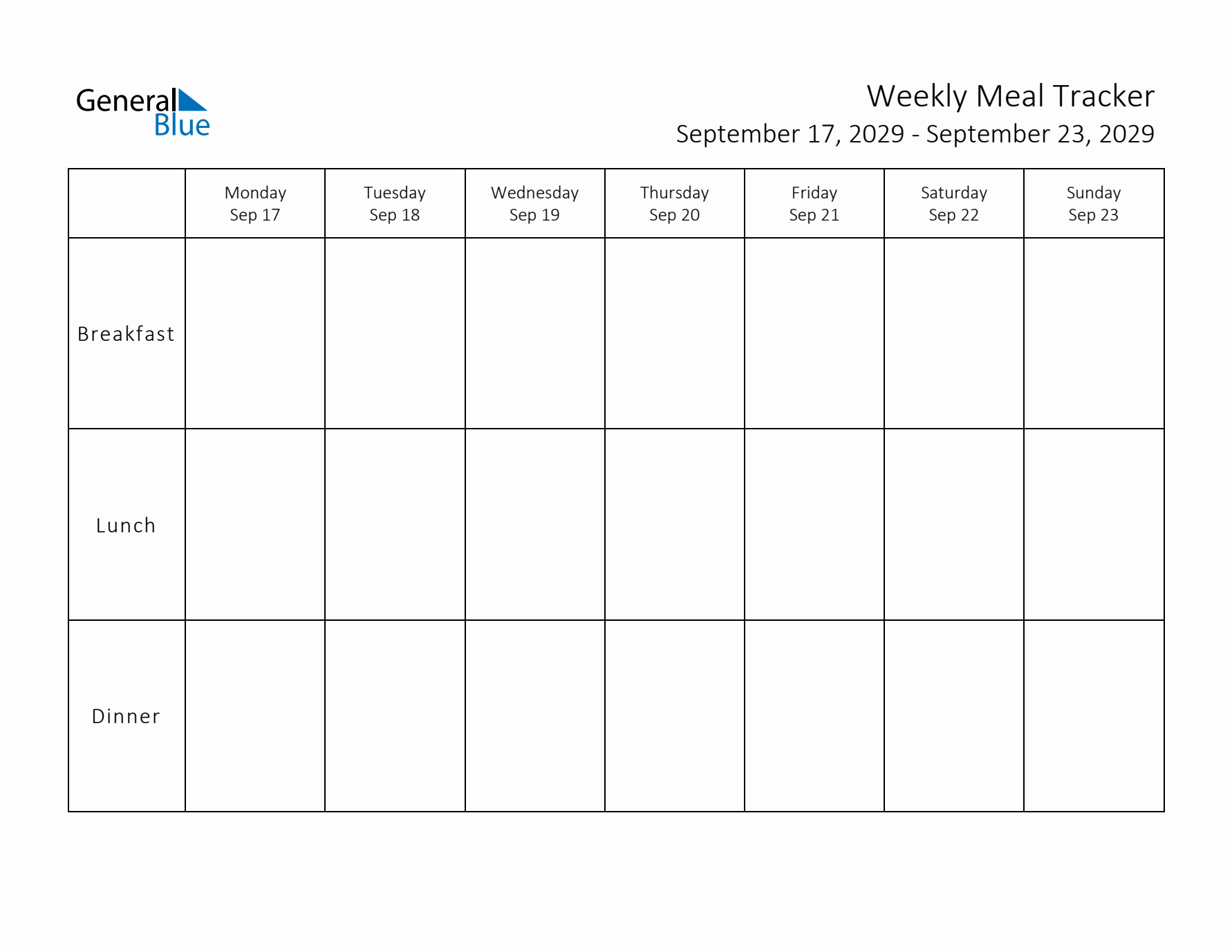 Weekly Printable Meal Tracker for September 2029