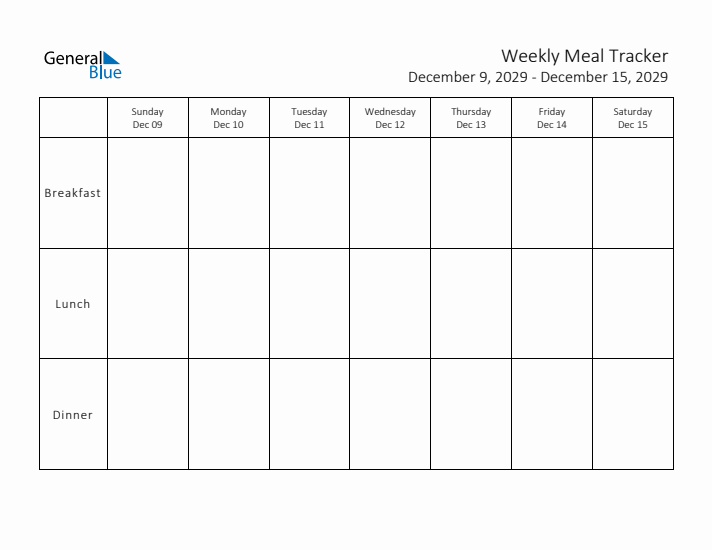 Weekly Printable Meal Tracker for December 2029