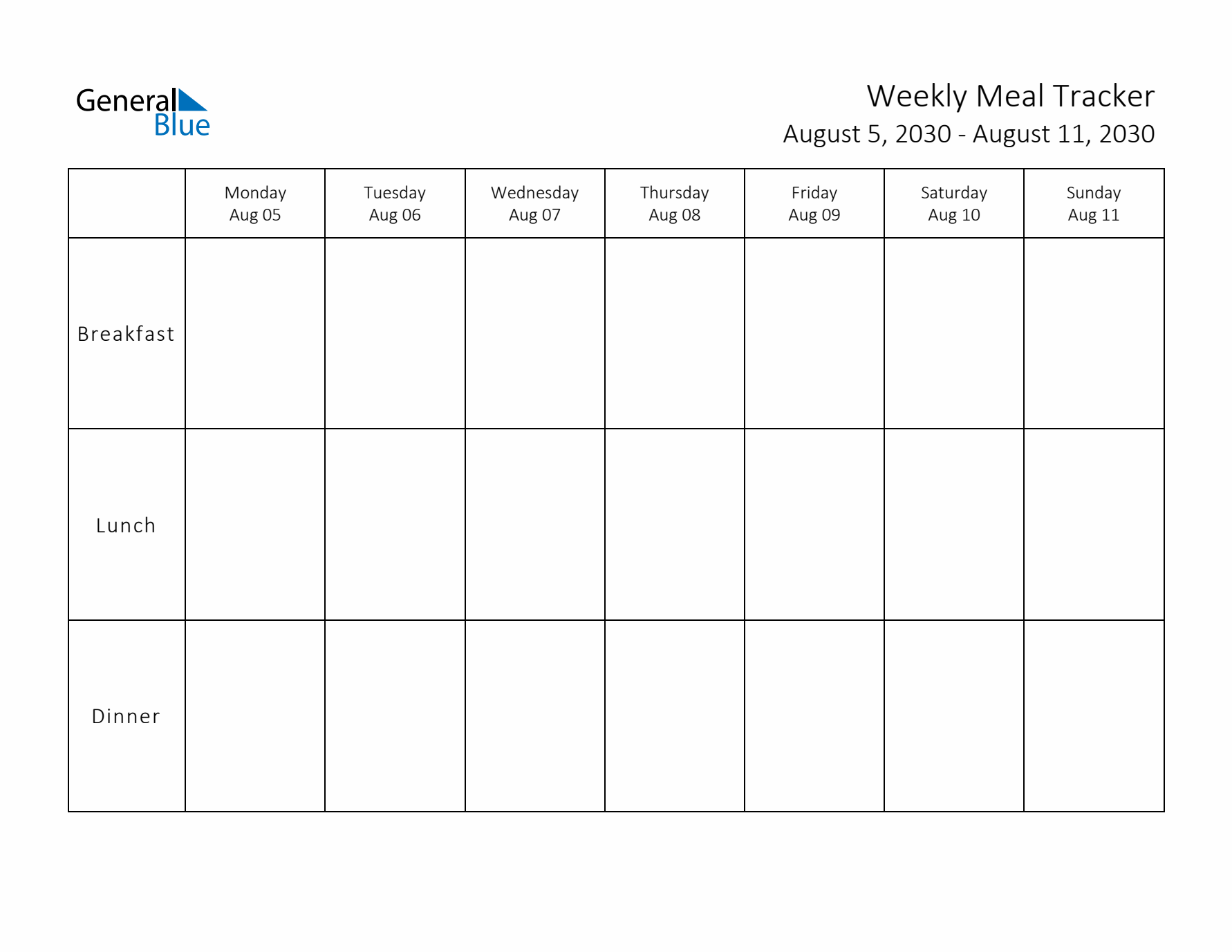 Weekly Printable Meal Tracker for August 2030