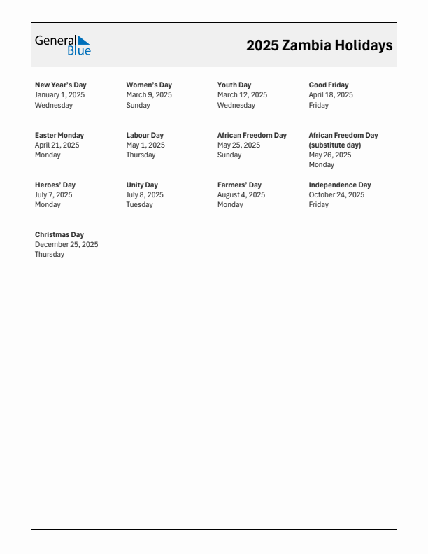 2025 Zambia List of Holidays in PDF, Word, and Excel