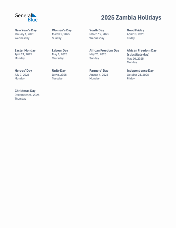 2025 Zambia List of Holidays in PDF, Word, and Excel