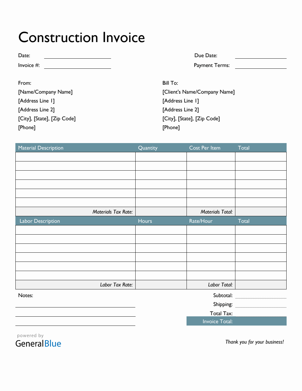 Construction Invoice Template in Word (Colorful)