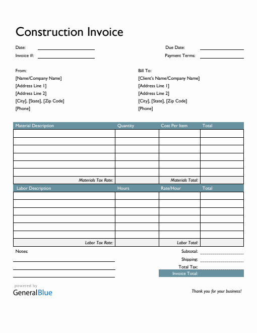 Construction Invoice Template in Word (Colorful)