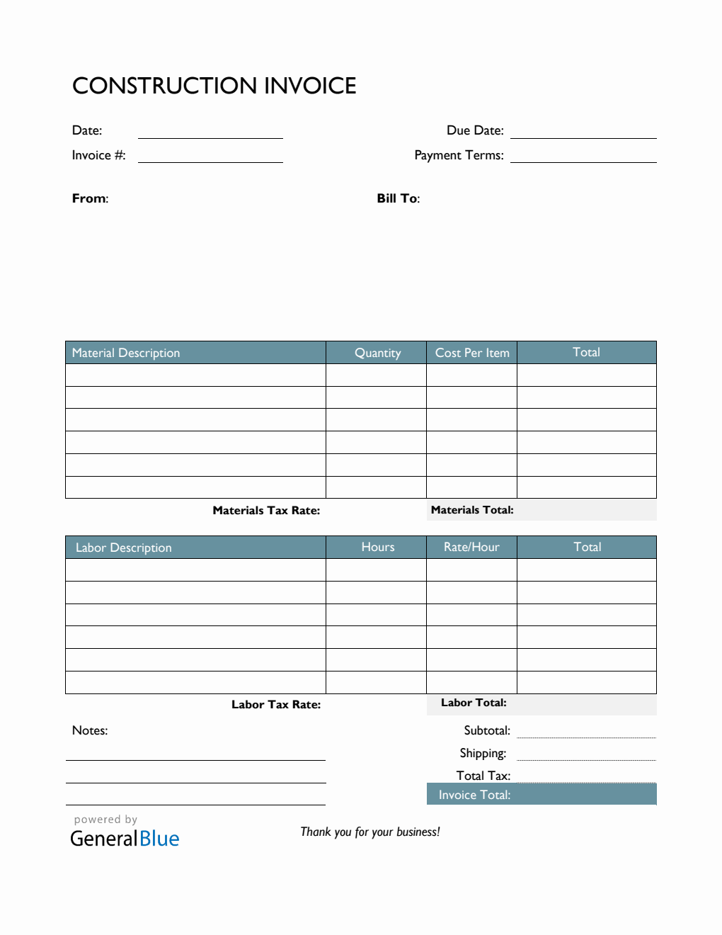 Construction Invoice Template in PDF (Colorful)