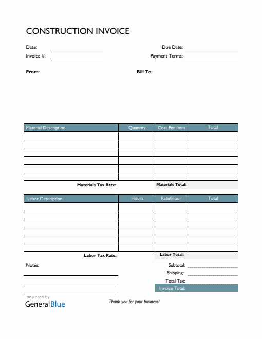 Construction Invoice Template in PDF (Colorful)