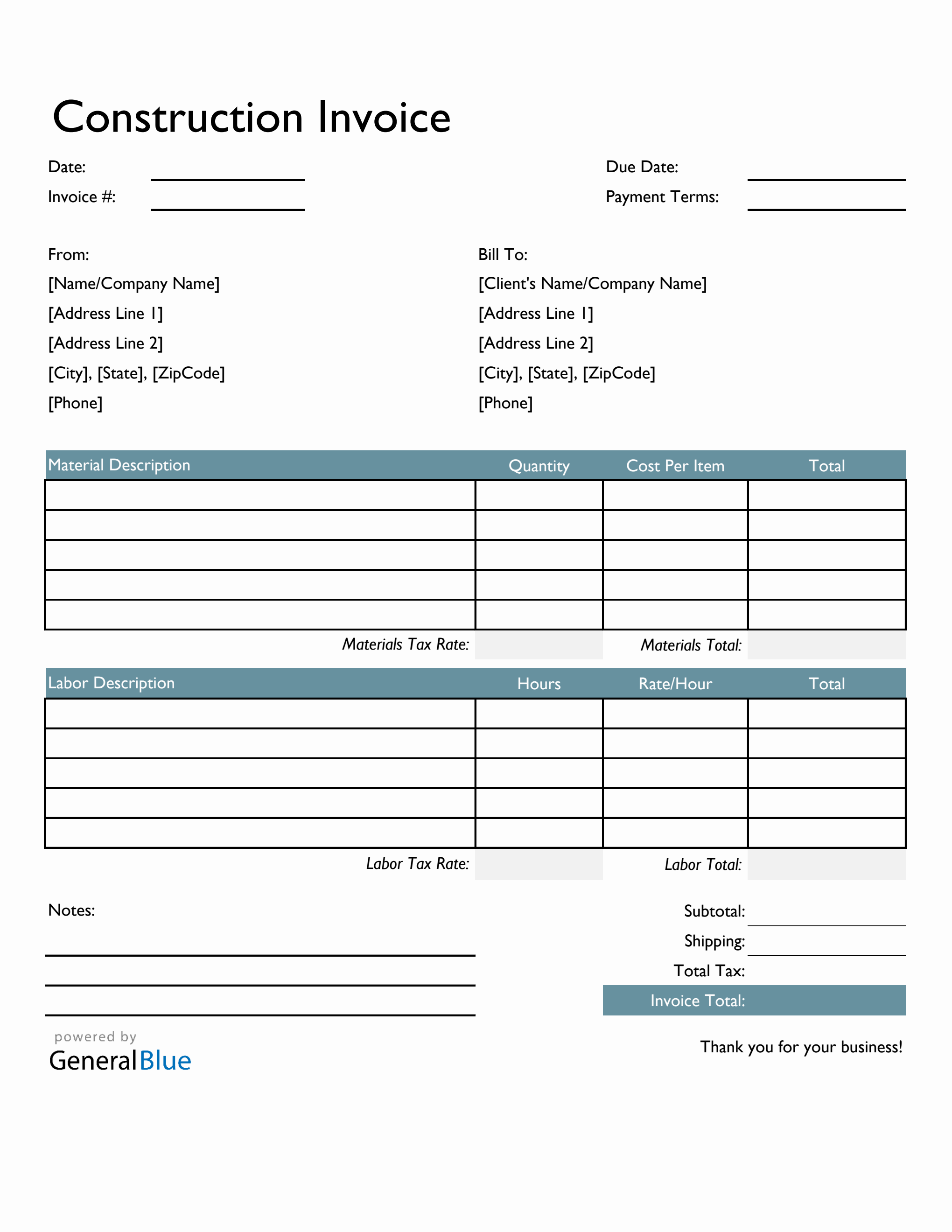 Construction Invoice Template in Excel (Colorful) Inside General Contractor Invoice Template