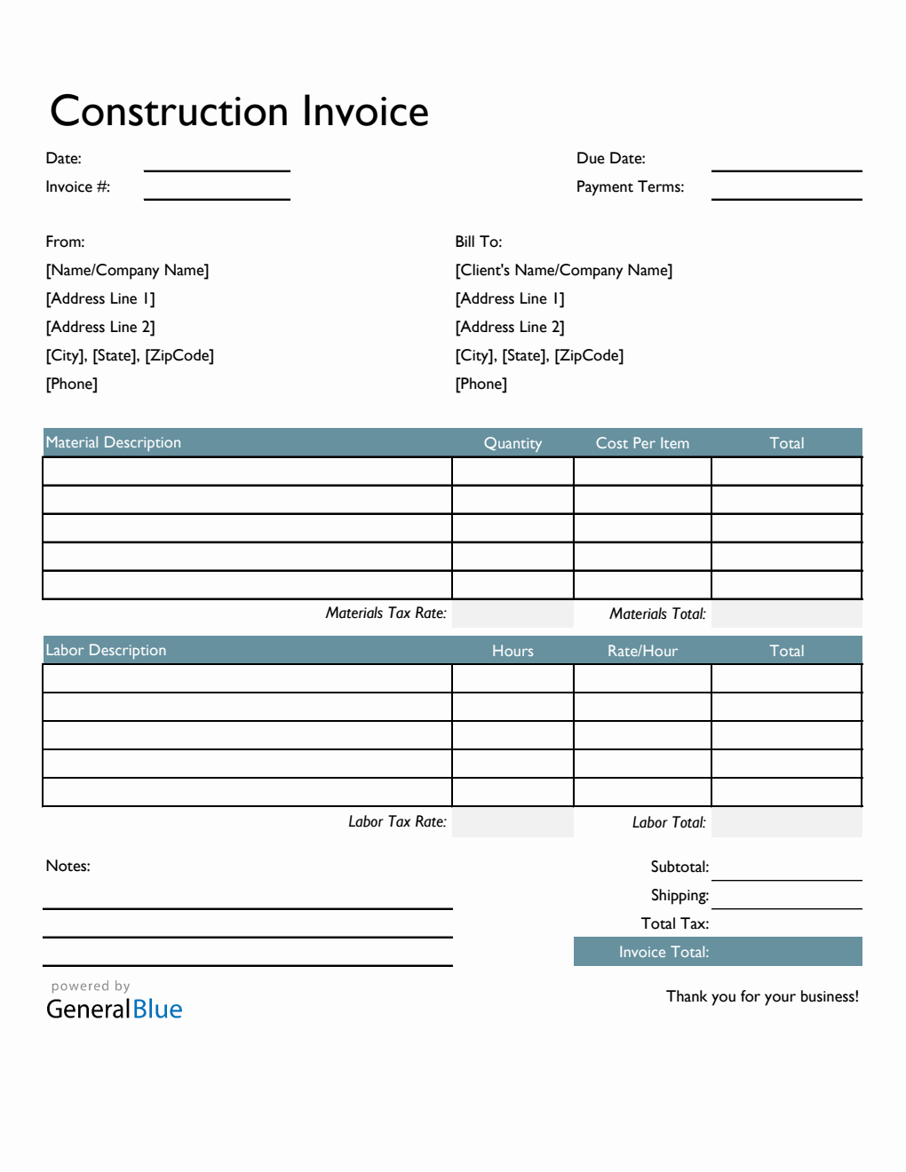 Construction Invoice Template in Excel (Colorful)