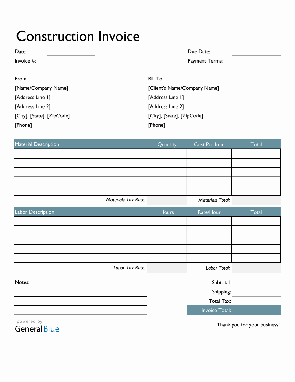 Construction Invoice Template in Excel (Colorful) Pertaining To Contract Labor Invoice Template