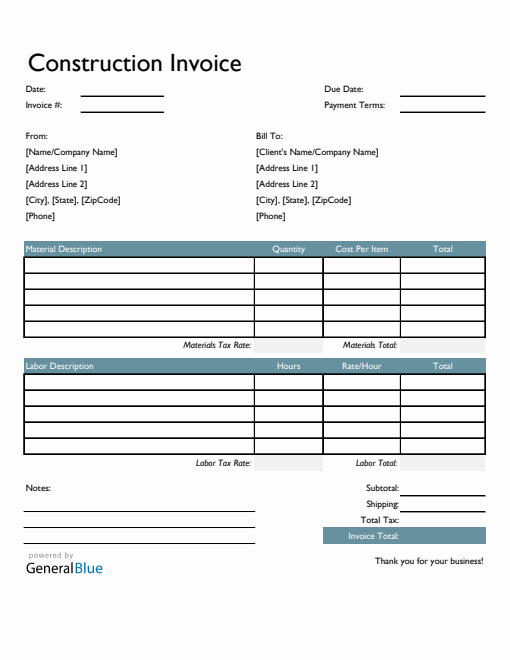 Construction Invoice Template in Excel (Colorful)