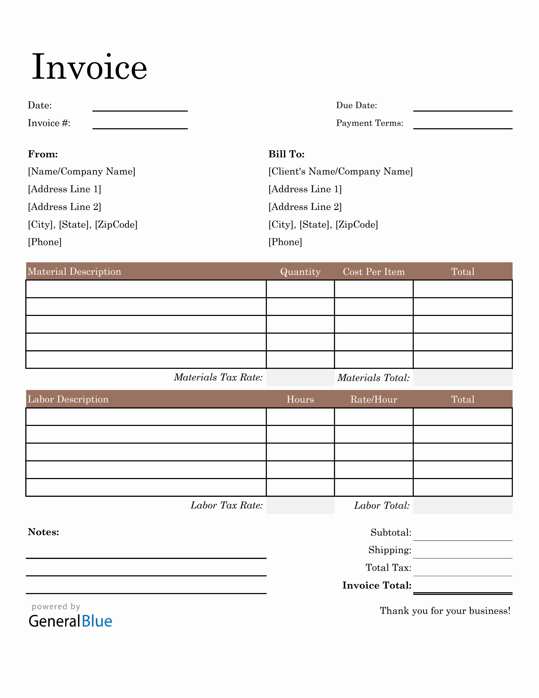 Construction Invoice Template in Excel (Basic)